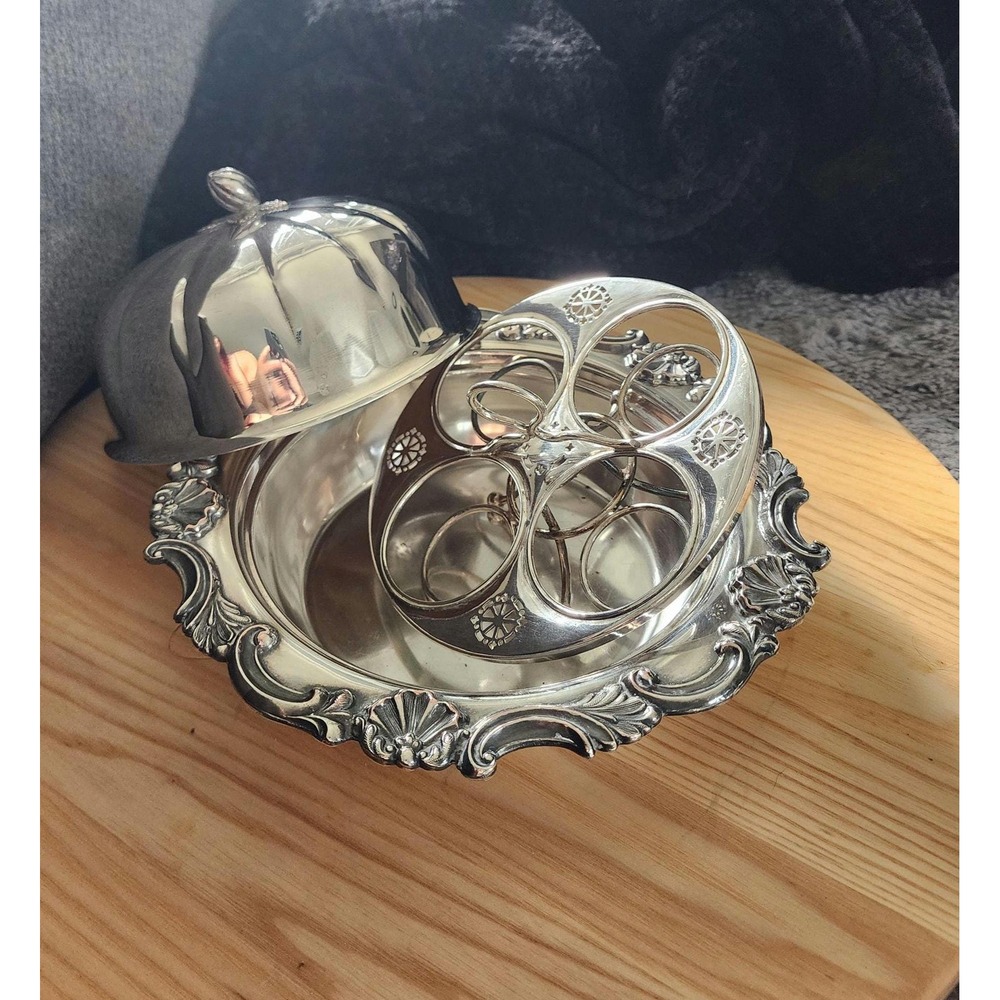 Vintage Sheffield Silver Plated Egg Cruet Set English Rococo Domed Server 4-Cup